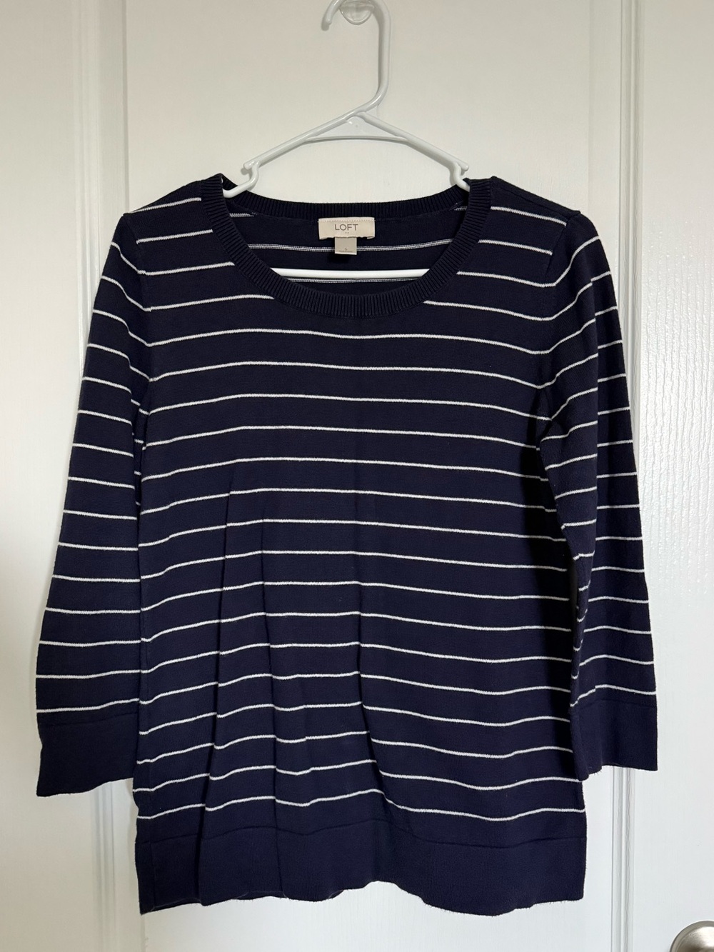 LOFT Navy and White Striped Crewneck Sweater